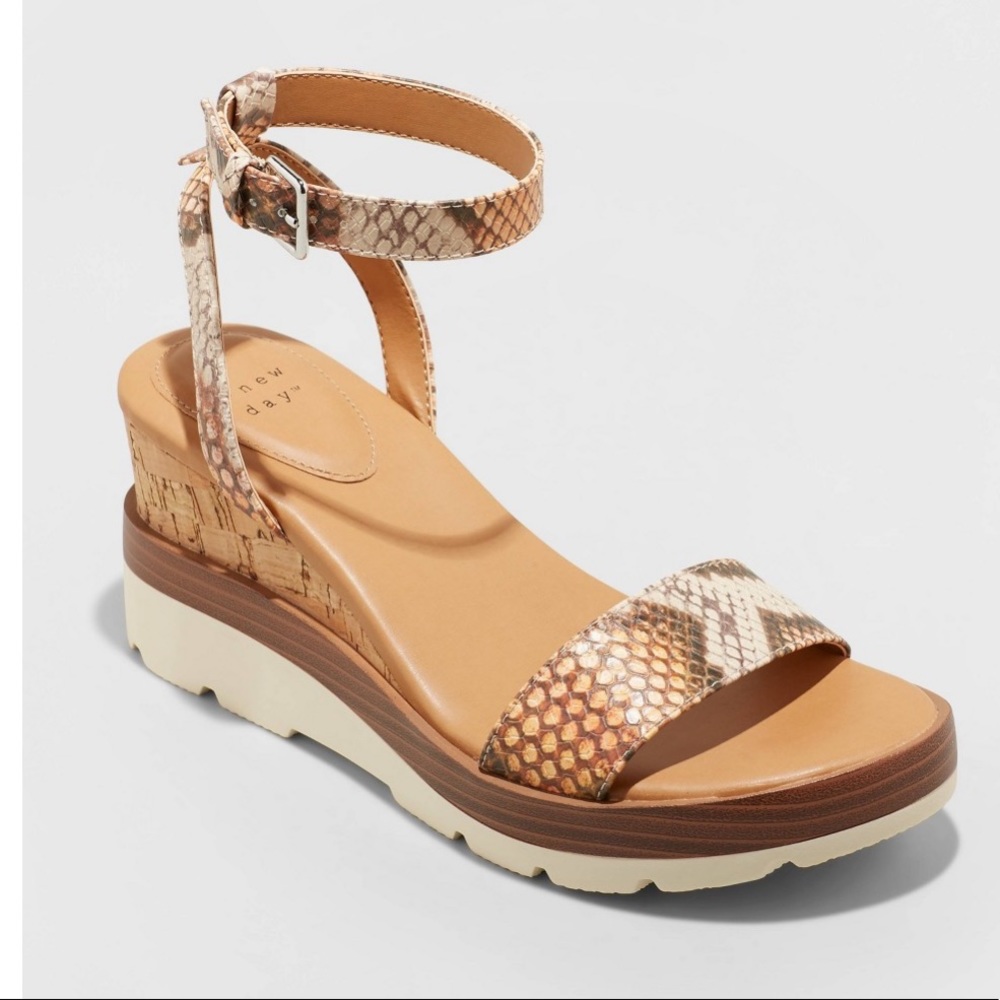 a new day Tan Snake-Print Platform Ankle-Strap Wedge Sandals